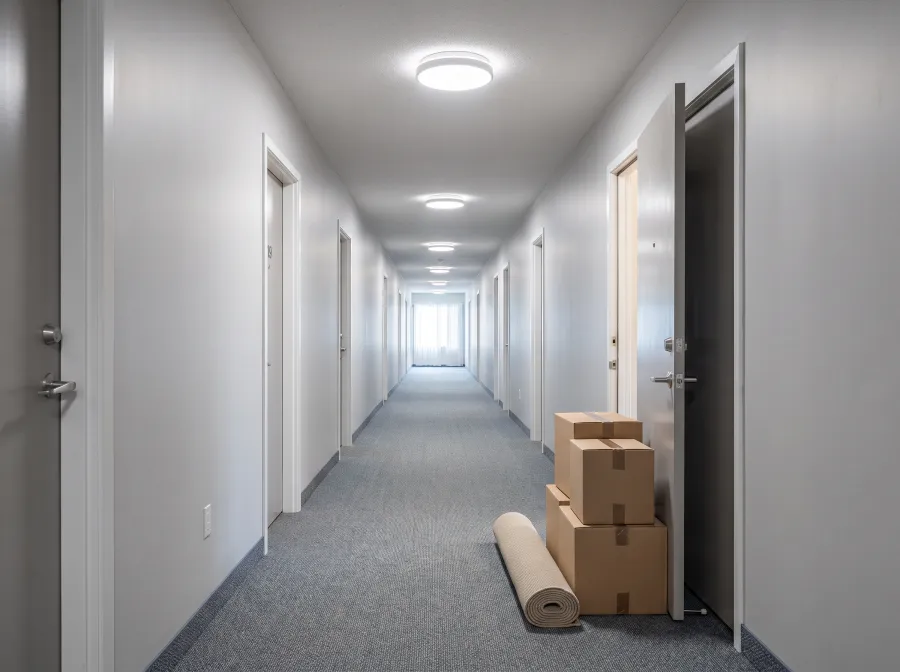 Illustration of a building corridor with moving boxes by an open door