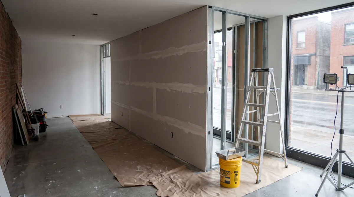 Illustration of an empty street-level commercial space with a new drywall partition taped and mudded, brick wall and storefront window