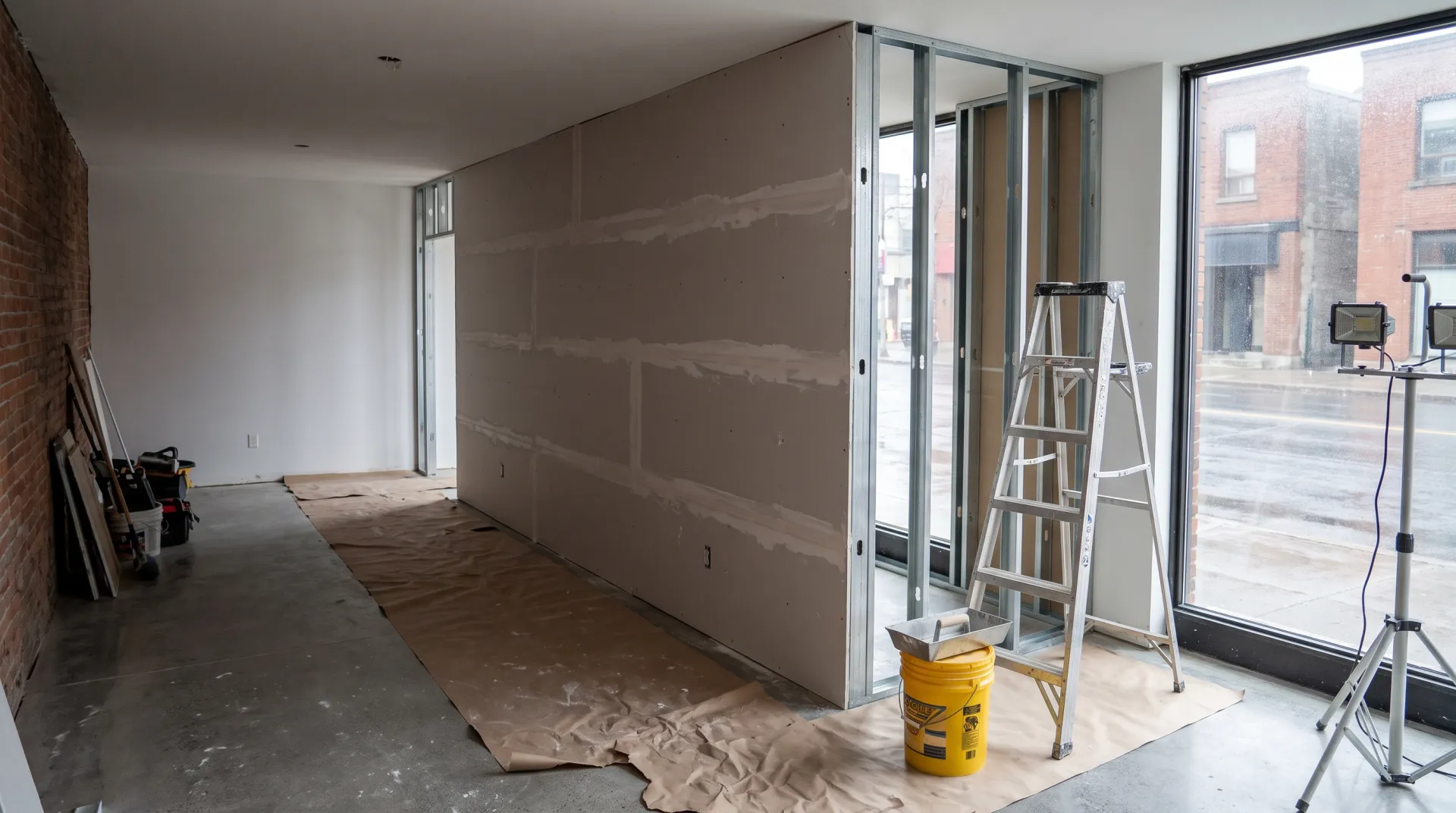 Illustration of an empty street-level commercial space with a new drywall partition taped and mudded, brick wall and storefront window