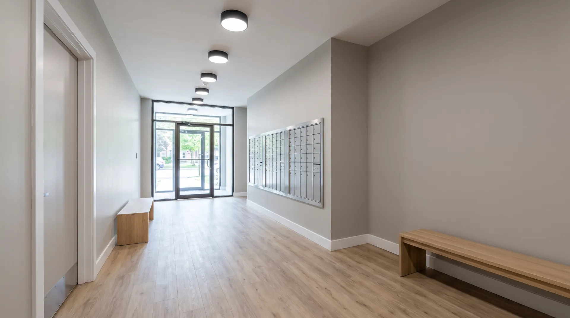 Illustration of a freshly refinished apartment lobby with new floor, paint and lights