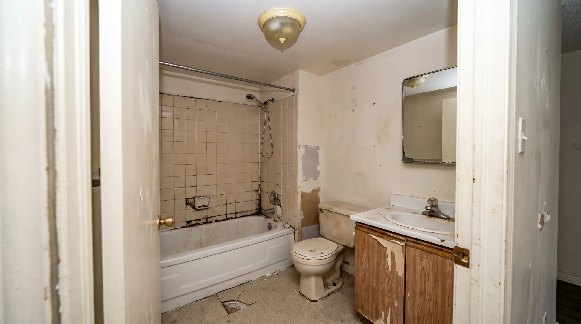 Illustration of a worn apartment bathroom at turnover, with cracked tile, failed caulk and an old vanity